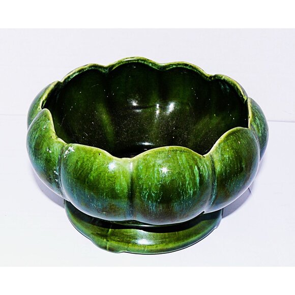 Vintage Green Drip Glazed lotus blossom Round Ceramic Bowl Planter - Picture 4 of 6